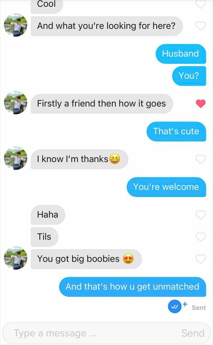 A screenshot of funny Tinder texts showing an unmatched conversation after a rude message.