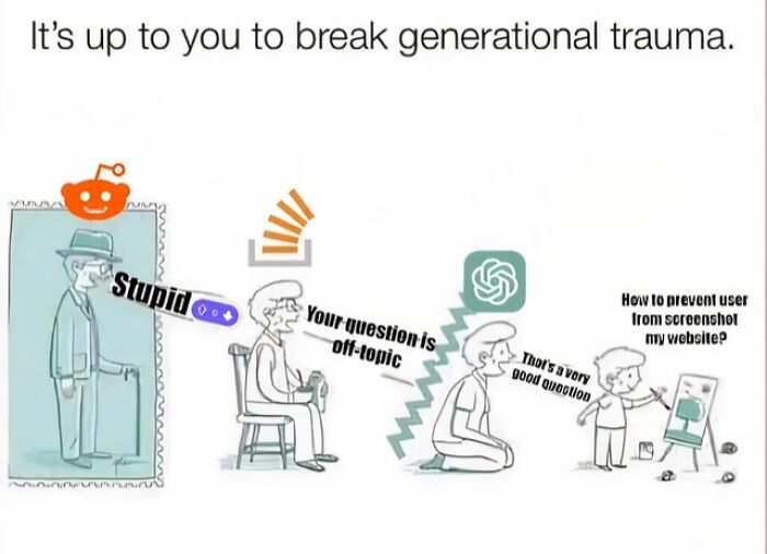 Funny AI meme: a multi-panel cartoon illustrating breaking generational trauma with evolving AI and learning methods.