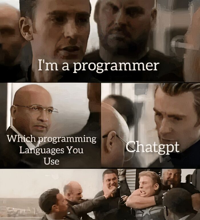 Relatable AI memes depict a programmer getting punched for using ChatGPT as their programming language, a funny AI meme.