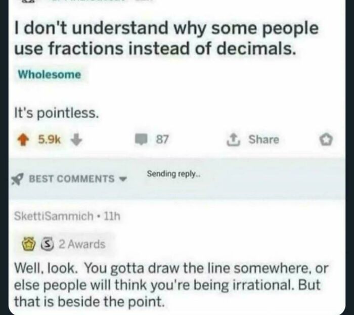 A screenshot of a Reddit post featuring dumb puns about fractions and decimals, showcasing wordplay and humor.