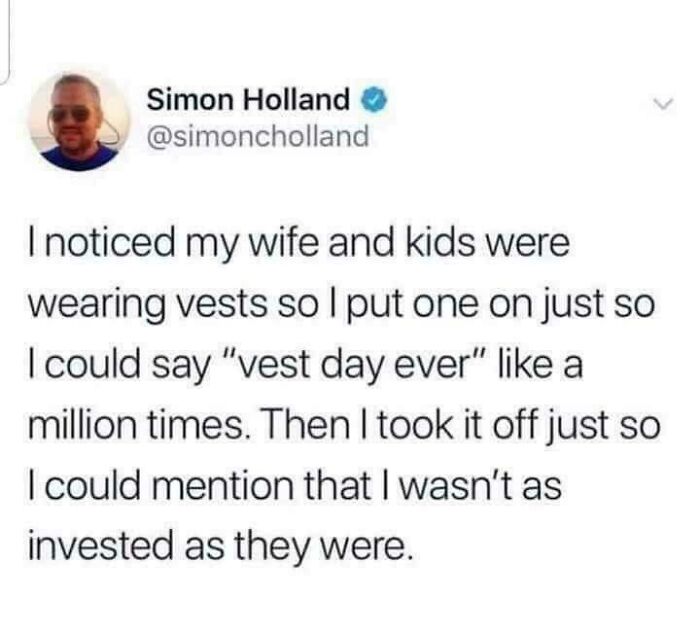 A meme with a dumb pun about a man making vest puns.