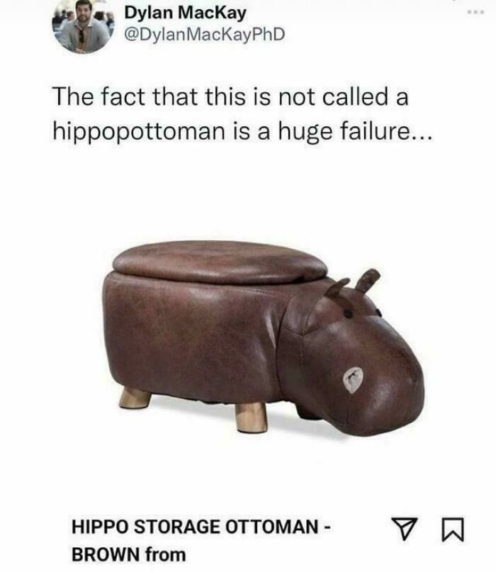 A brown hippo-shaped storage ottoman, with the dumb pun 'hippopottoman'.