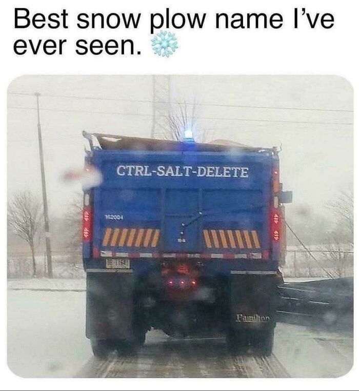 A blue snow plow truck with the name CTRL-SALT-DELETE on the back, a funny example of dumb puns.