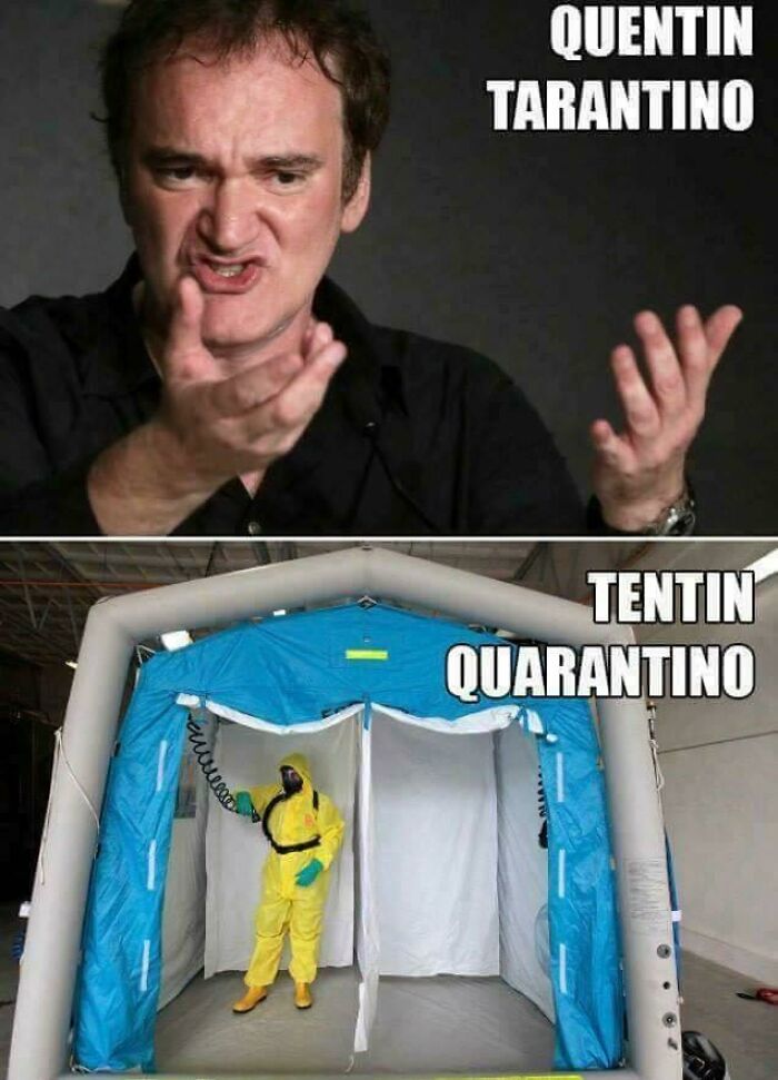 A split image meme featuring Quentin Tarantino and a Tent-in-Quarantino for dumb puns.