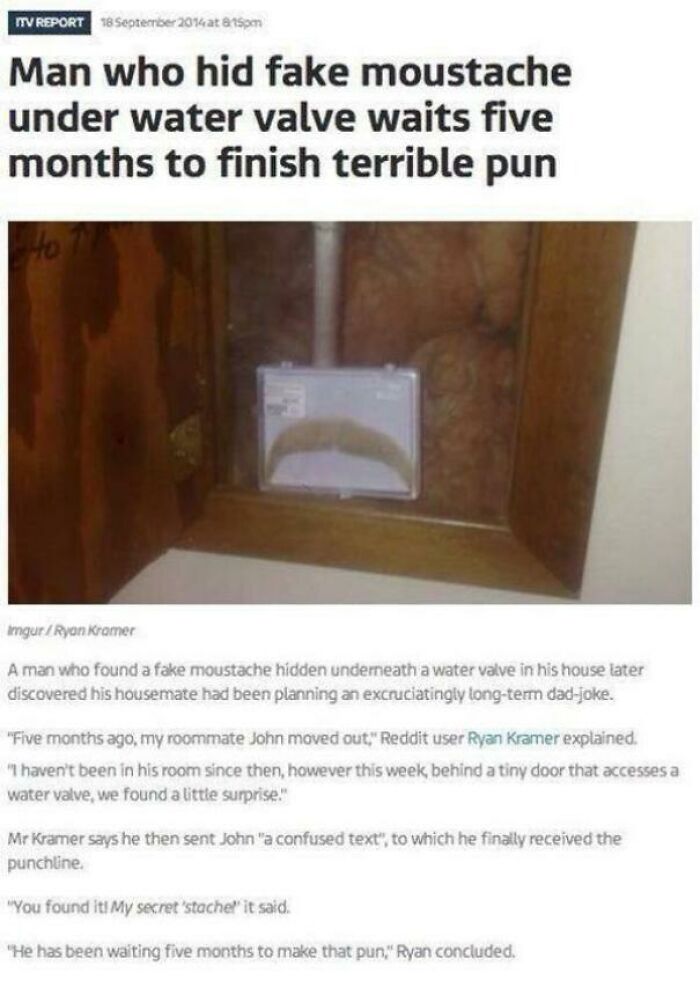 An article about a man who hid a fake mustache for five months to create a terrible pun.