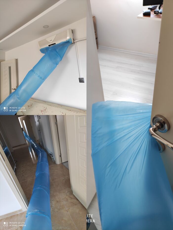 An unhinged way to fix a room temperature using a long blue plastic tube connected to an AC unit.