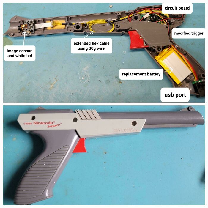 A wild and unhinged way to fix and modify a Nintendo Zapper gun with internal components labeled.