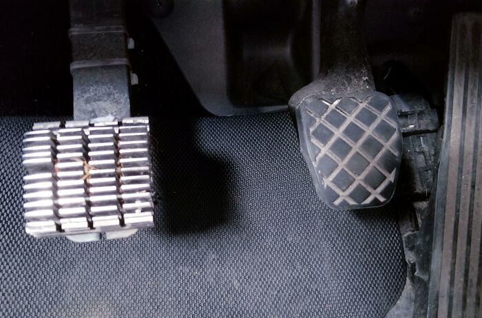 A wild and unhinged way to fix a car pedal with a metal cover over the original pedal.