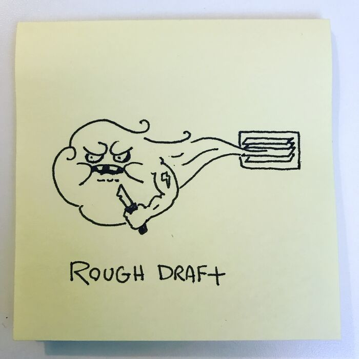 A hand-drawn cartoon of an angry cloud, a rough draft, on a yellow sticky note, a great pun.