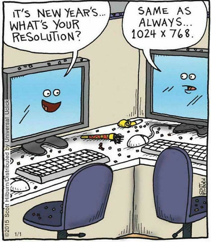 A cartoon of two computer monitors with dumb puns about New Year's resolutions.