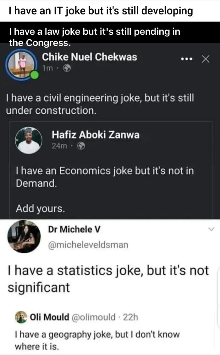 A screenshot of various social media posts, each person sharing a dumb pun related to different professions.