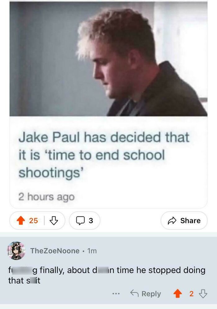A funny and savage comment section example about Jake Paul deciding to end school shootings.
