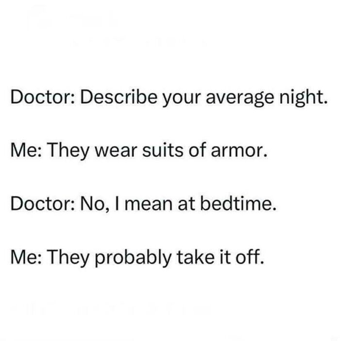 A text conversation with a dumb pun about knight vs. night and suits of armor.