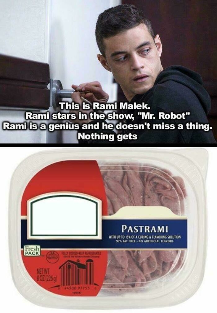 A dumb pun with Rami Malek from Mr. Robot and a package of pastrami.