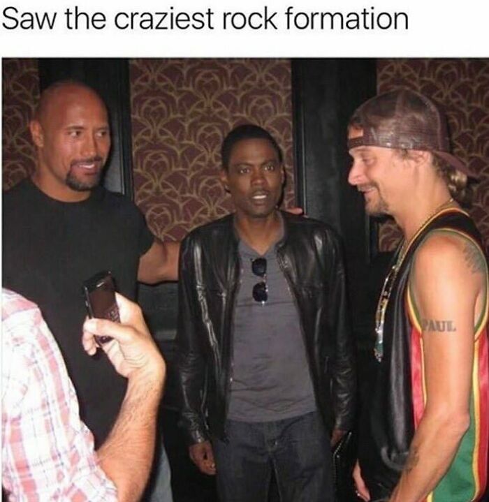 Dwayne The Rock Johnson, Chris Rock, and Kid Rock together in a photo, an example of incredibly dumb puns.