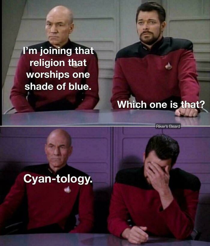 A Star Trek meme with Picard and Riker about Cyan-tology, a humorous example of incredibly dumb puns.