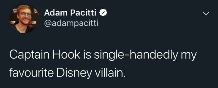 A tweet by Adam Pacitti about Captain Hook being his favorite Disney villain, an example of incredibly dumb puns.