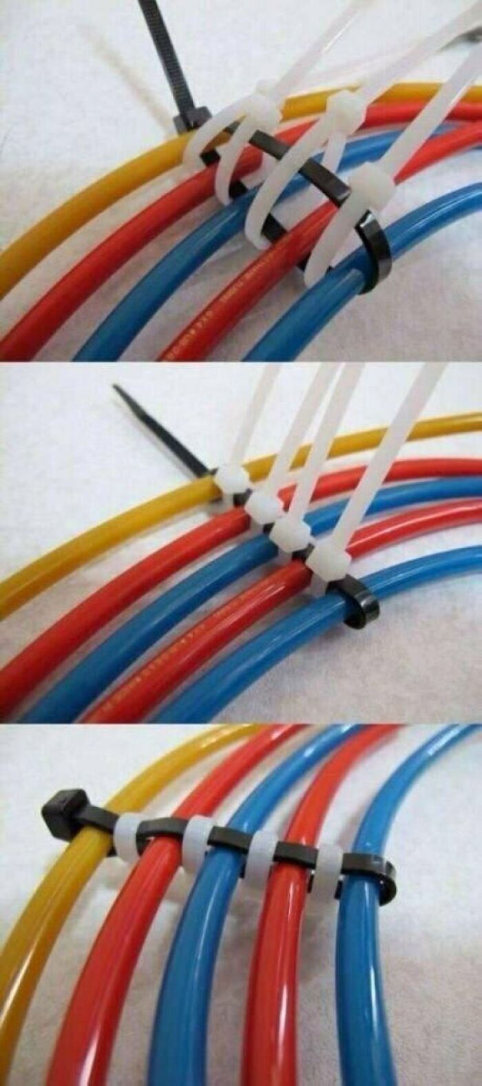 A creative cable management solution using multiple zip ties to fix something, demonstrating wild and unhinged ways.