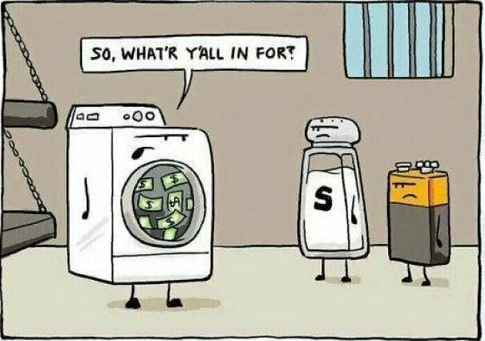 A cartoon of a washing machine, salt shaker, and battery in jail, sharing dumb puns.