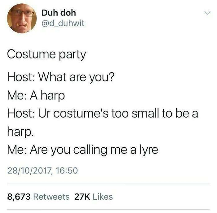 A tweet about a costume party where someone is called a lyre, showcasing funny dumb puns.