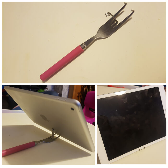A modified fork acts as an iPad stand, showcasing an unhinged way to fix something.