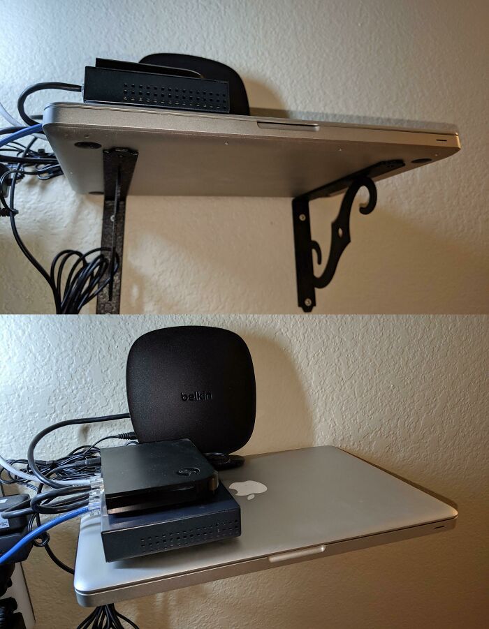 Wild and unhinged way to fix a lack of shelf space by mounting a MacBook to the wall.