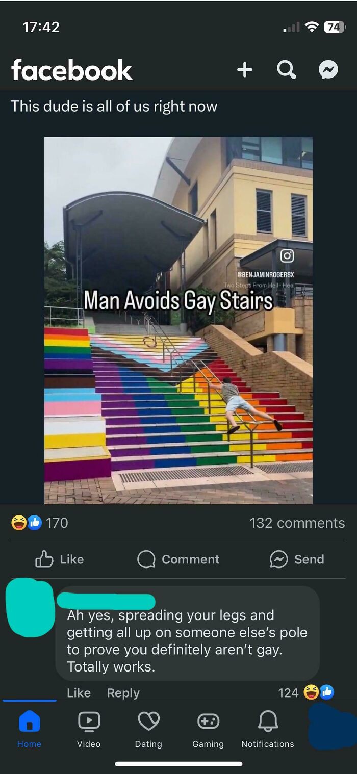 Funny and savage comments section on a Facebook post about avoiding gay stairs, displaying amusing examples of checking the comments section.