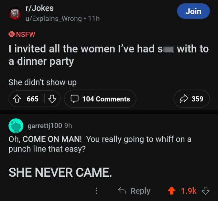 Funny and savage comments section example: a joke about a dinner party and a punchline, with a comment emphasizing the missed opportunity.