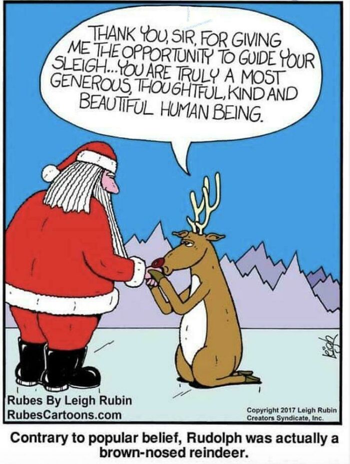 Santa shakes hands with a brown-nosed reindeer, who thanks him profusely, illustrating a dumb pun.