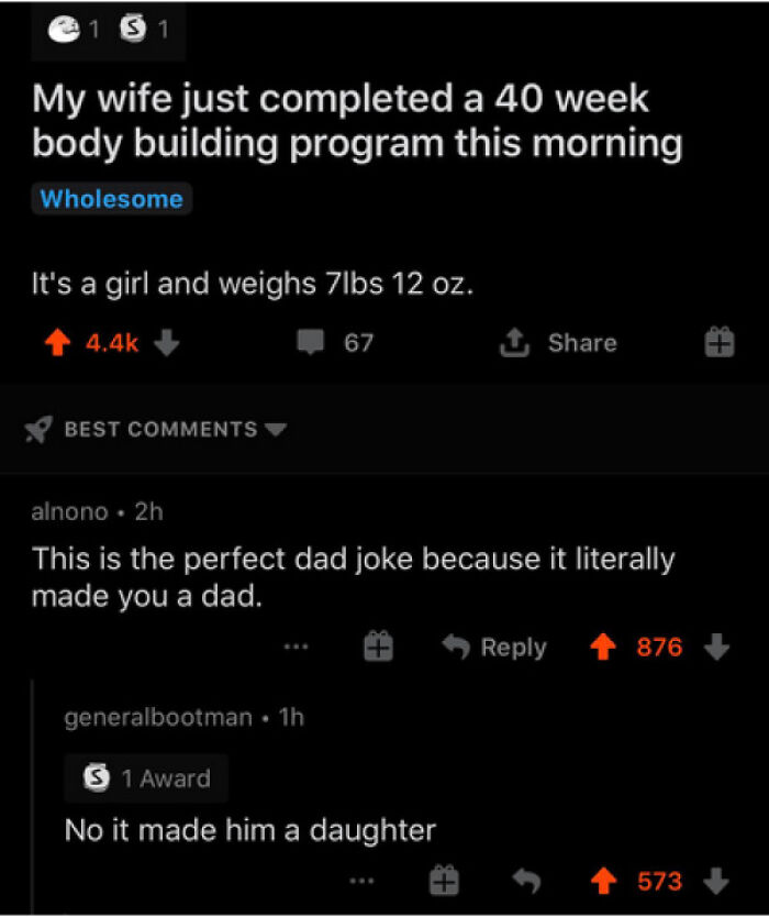 Funny and savage comments section example: a dad joke about a newborn, with a humorous correction in the comments.