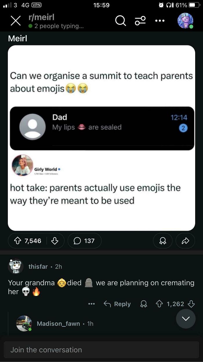 Funny and savage comments section example: a discussion about parents using emojis incorrectly, with a dark joke.