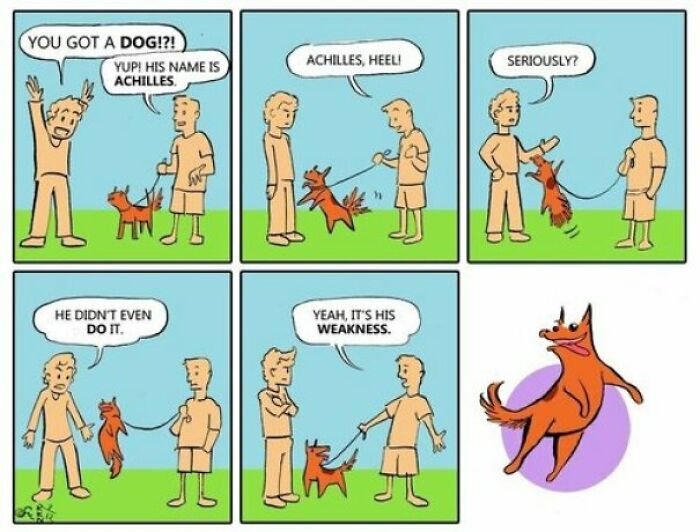 A six-panel comic strip about a dog named Achilles, featuring a visual pun on Achilles' heel, an incredibly dumb pun.