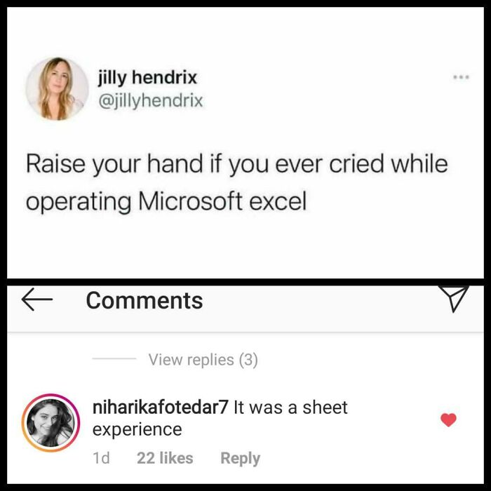 A tweet and a comment about Microsoft Excel, an incredibly dumb pun about a sheet experience.