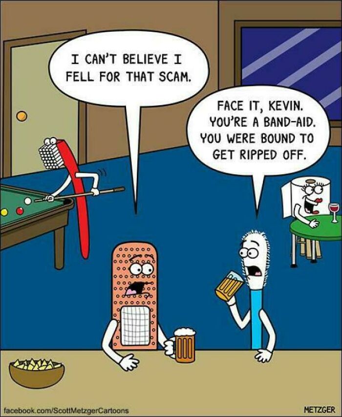 A cartoon of a band-aid and a toothbrush, a visual pun on being ripped off.