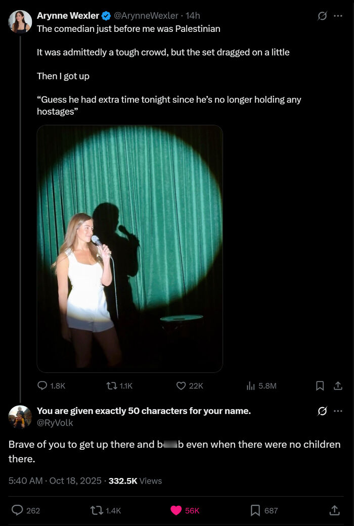 A female comedian on stage, with a controversial joke and a savage comments section on Twitter.
