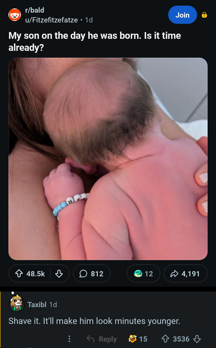 A newborn baby on a parent's chest with a funny comments section about the baby's hair.