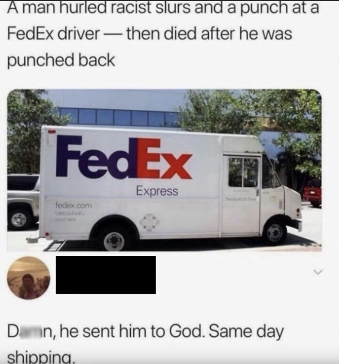 A FedEx delivery truck with a news headline and funny comments section about a driver's altercation.