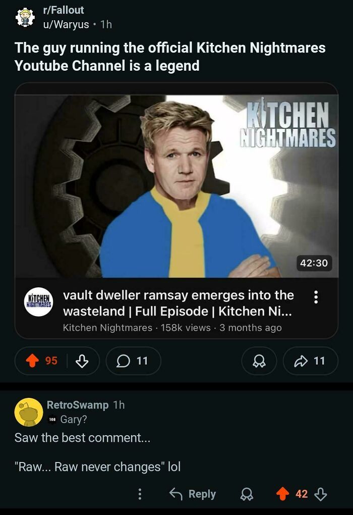A YouTube screenshot of Gordon Ramsay as a vault dweller from Kitchen Nightmares, with a funny comment. This is one of many funny and savage examples.