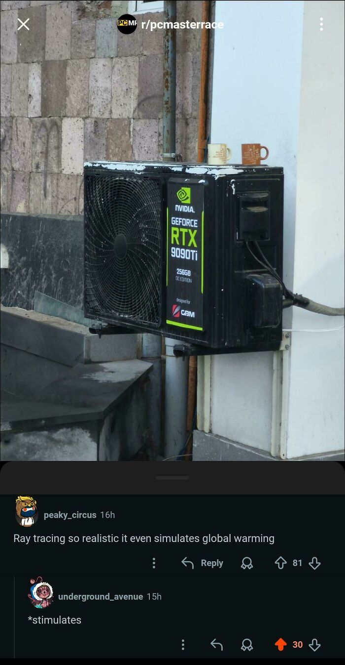 Funny and savage examples from comments section with a Reddit post displaying a large GPU resembling an AC unit and user comments.