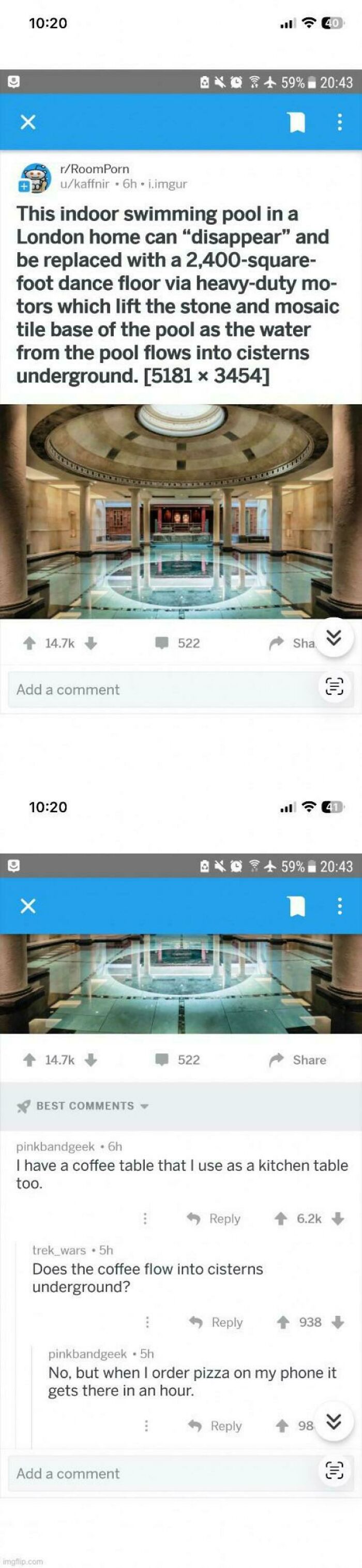 Funny and savage examples from comments section showing a Reddit post about a disappearing swimming pool with user comments.