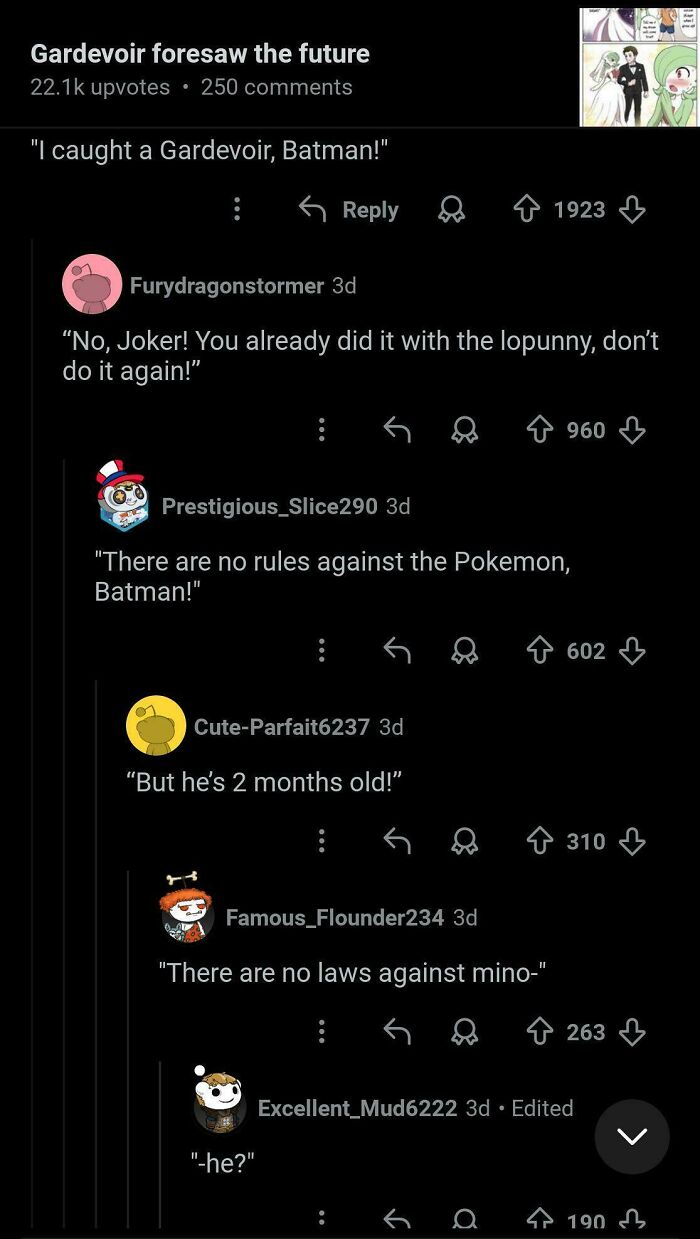 Funny examples from comments section showing a Reddit post about Gardevoir foresight and various user comments.