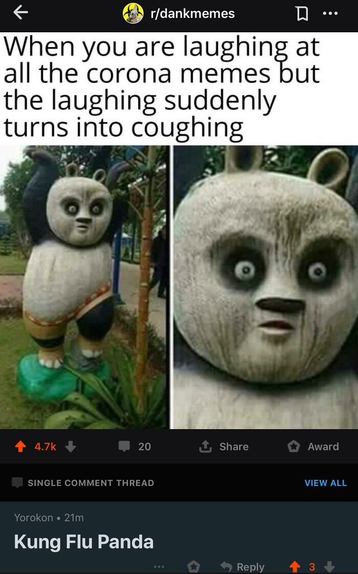 A meme with a panda statue expressing a startled look, accompanied by an incredibly dumb pun about Kung Flu Panda.