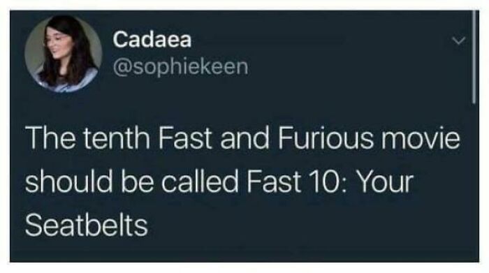 A tweet suggesting a new title for the Fast and Furious movie, a classic example of incredibly dumb puns.