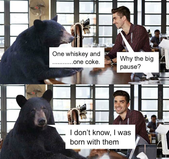 A two-panel comic strip with a bear ordering a drink and making a pun about 'big paws', an incredibly dumb pun.