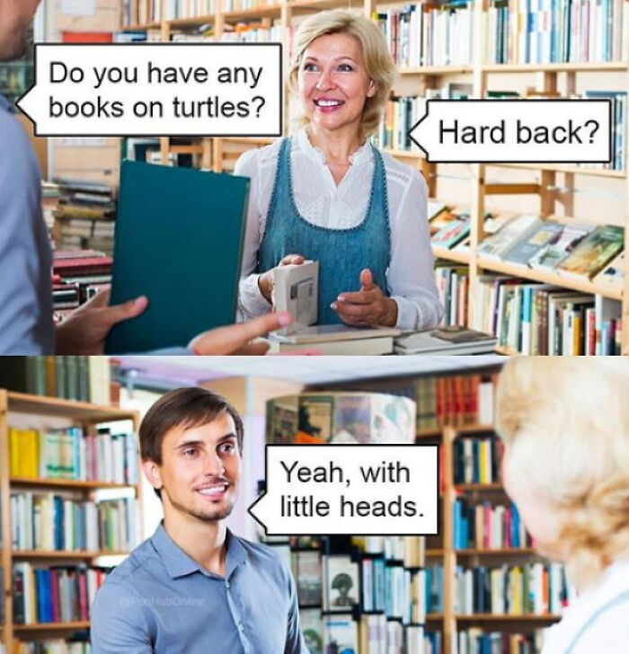 A two-panel comic strip with a man asking for turtle books and making a pun about 'hardback' and 'little heads', a dumb pun.