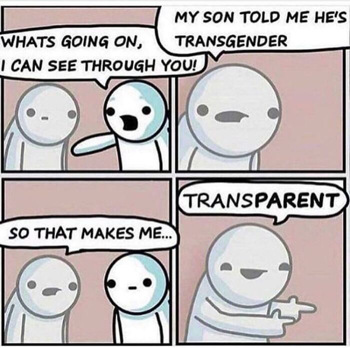 A comic strip delivering incredibly dumb puns, specifically a play on words about being transparent.
