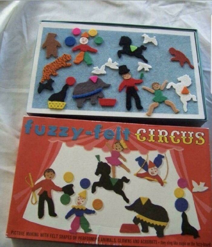 A classic Fuzzy Felt Circus toy set, bringing back good memories of life in the 80s with its colorful felt pieces.