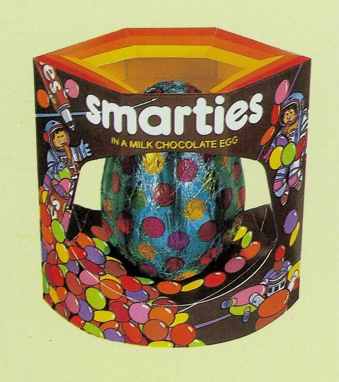 A Smarties milk chocolate egg in colorful packaging, bringing back good memories of life in the 80s.