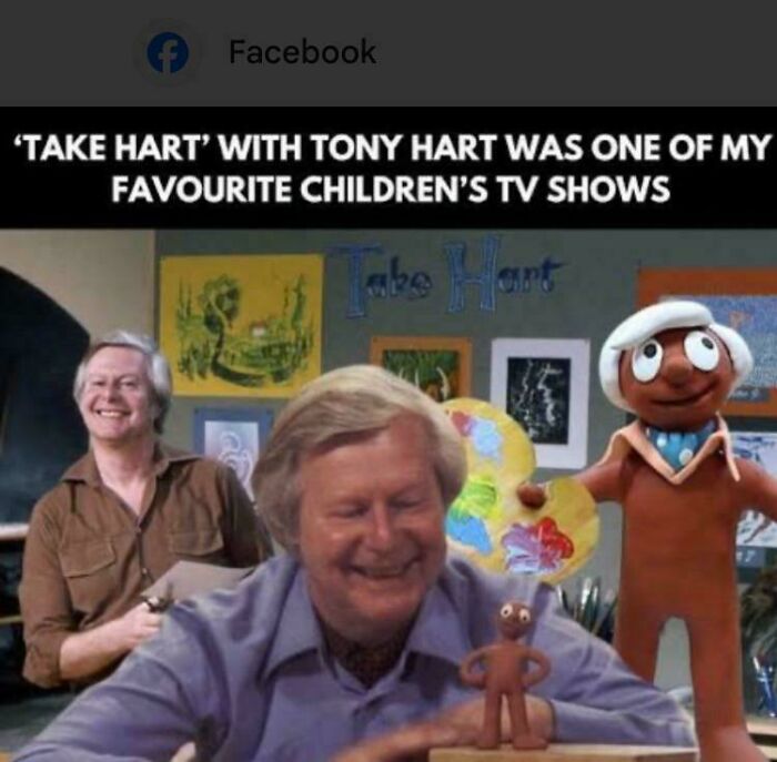 Tony Hart, host of Take Hart, a children's TV show, smiling with his clay figures, bringing back good memories of life in the 80s.