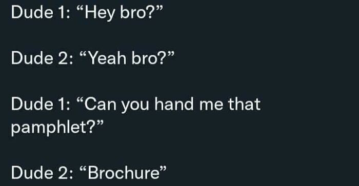 A dumb pun text conversation where 'pamphlet' is corrected to 'brochure'.